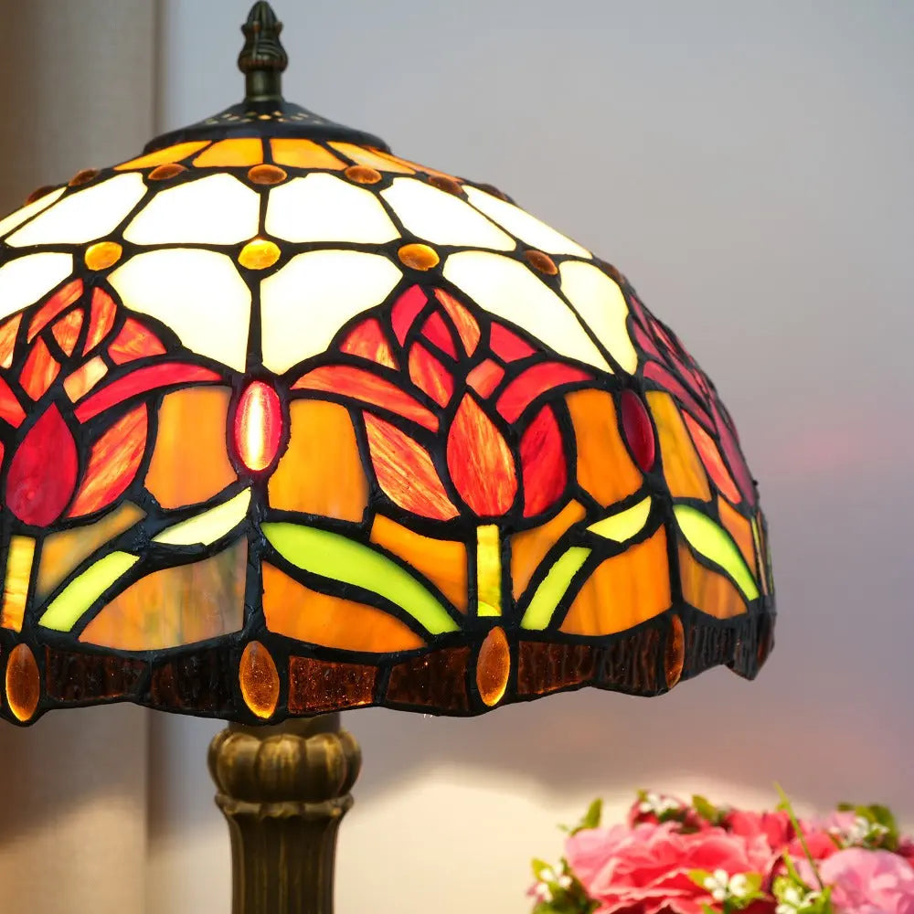 12inch Tiffany Stained Glass Floral Red Tulip Lampshade Vintage Desk Lamp - CTL