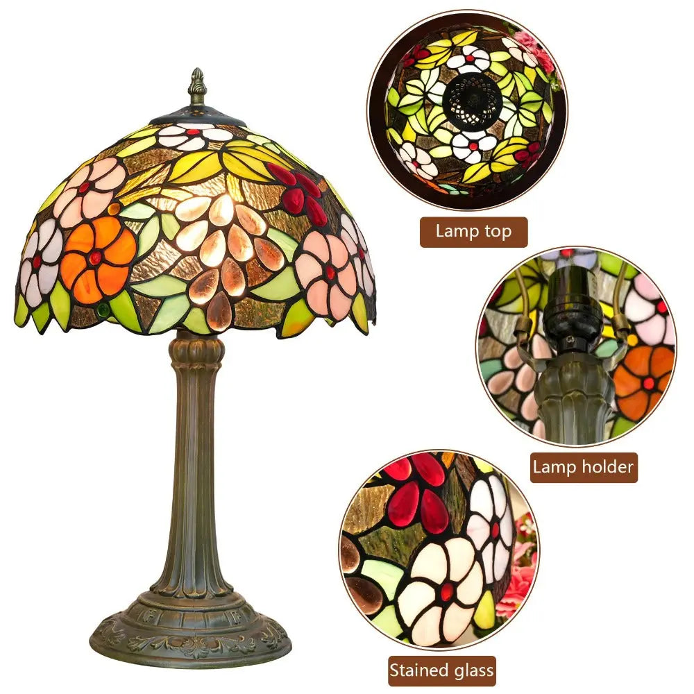 12inch Tiffany Stained Glass Garden Grape Floral Lampshade Vintage Table Lamp - CTL
