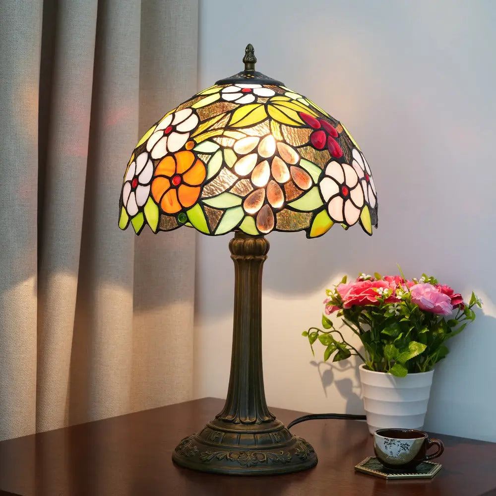 12inch Tiffany Stained Glass Garden Grape Floral Lampshade Vintage Table Lamp - CTL