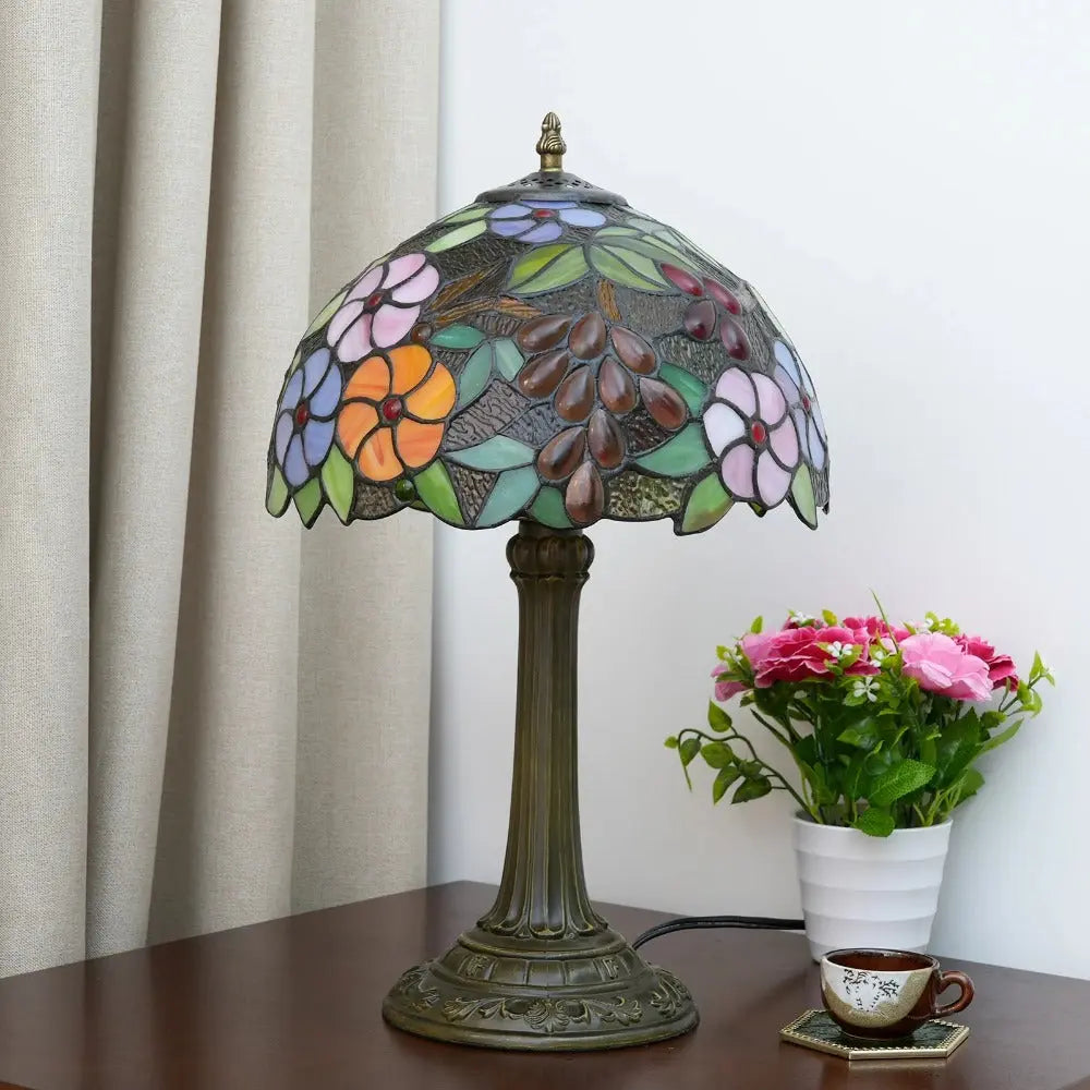 12inch Tiffany Stained Glass Garden Grape Floral Lampshade Vintage Table Lamp - CTL