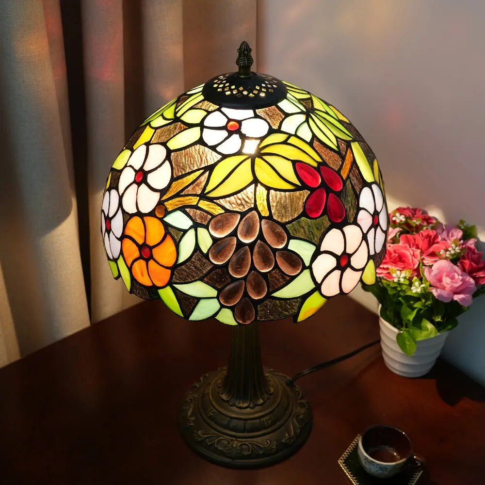 12inch Tiffany Stained Glass Garden Grape Floral Lampshade Vintage Table Lamp - CTL