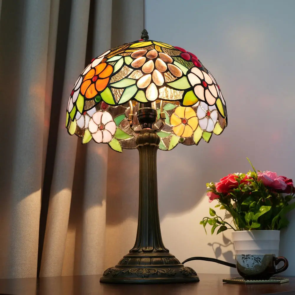 12inch Tiffany Stained Glass Garden Grape Floral Lampshade Vintage Table Lamp - CTL