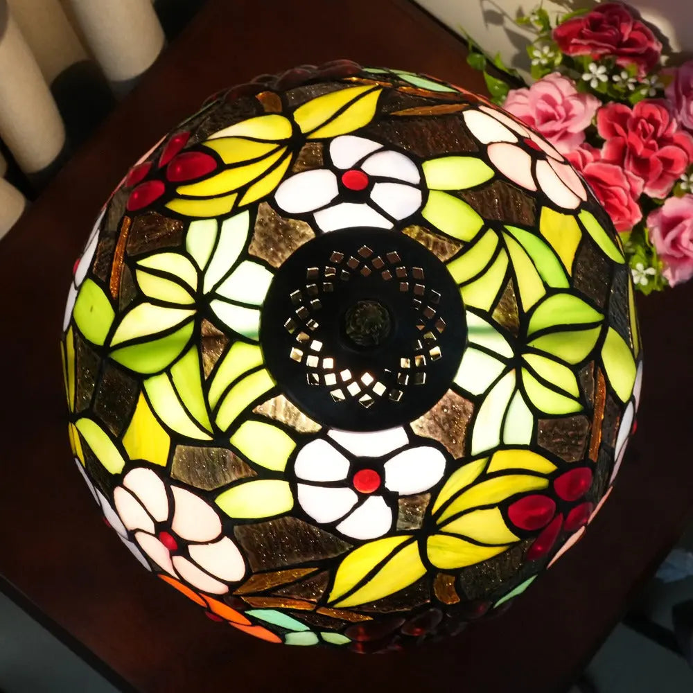 12inch Tiffany Stained Glass Garden Grape Floral Lampshade Vintage Table Lamp - CTL