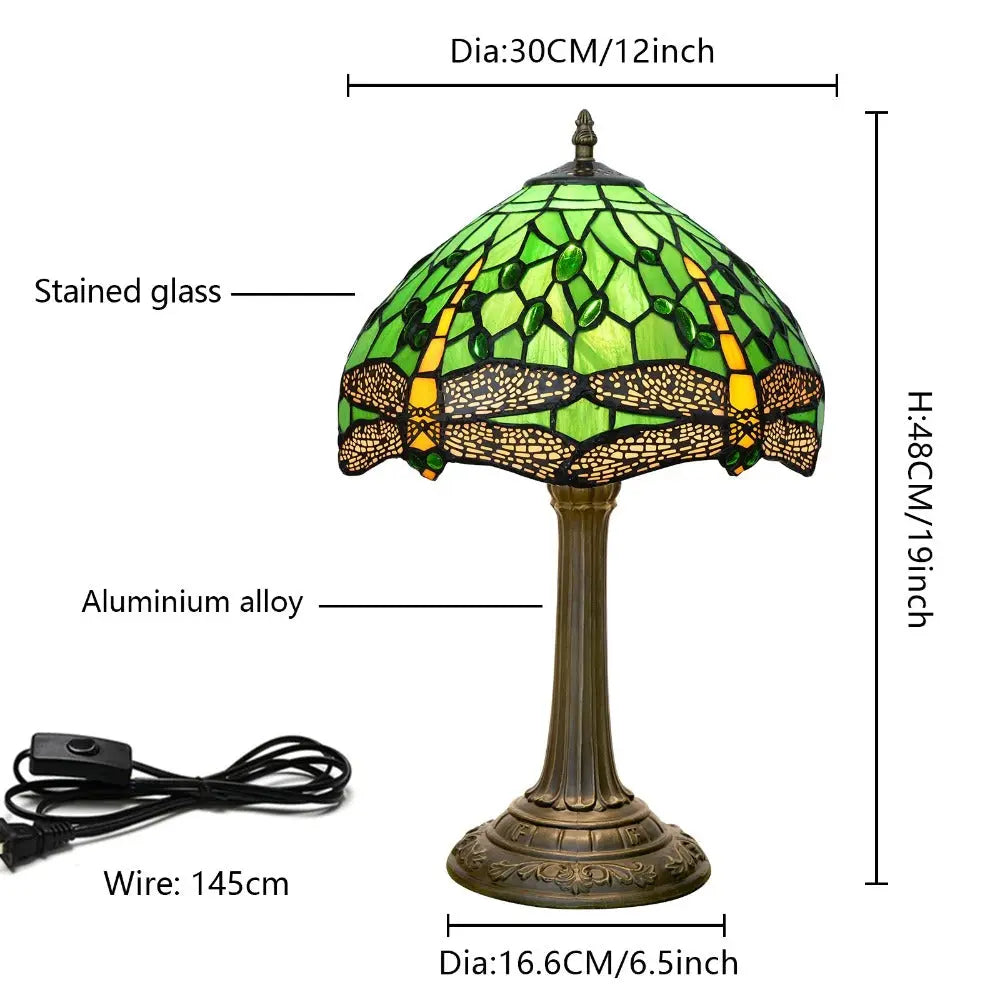 12inch Tiffany Stained Glass Green Dragonfly Lampshade Vintage Desk Lamp - CTL