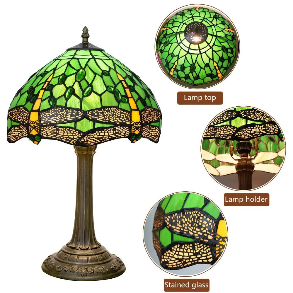 12inch Tiffany Stained Glass Green Dragonfly Lampshade Vintage Desk Lamp - CTL