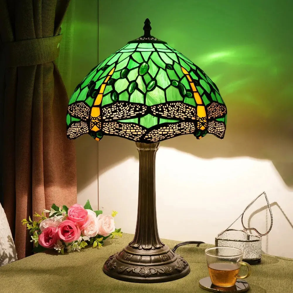 12inch Tiffany Stained Glass Green Dragonfly Lampshade Vintage Desk Lamp - CTL