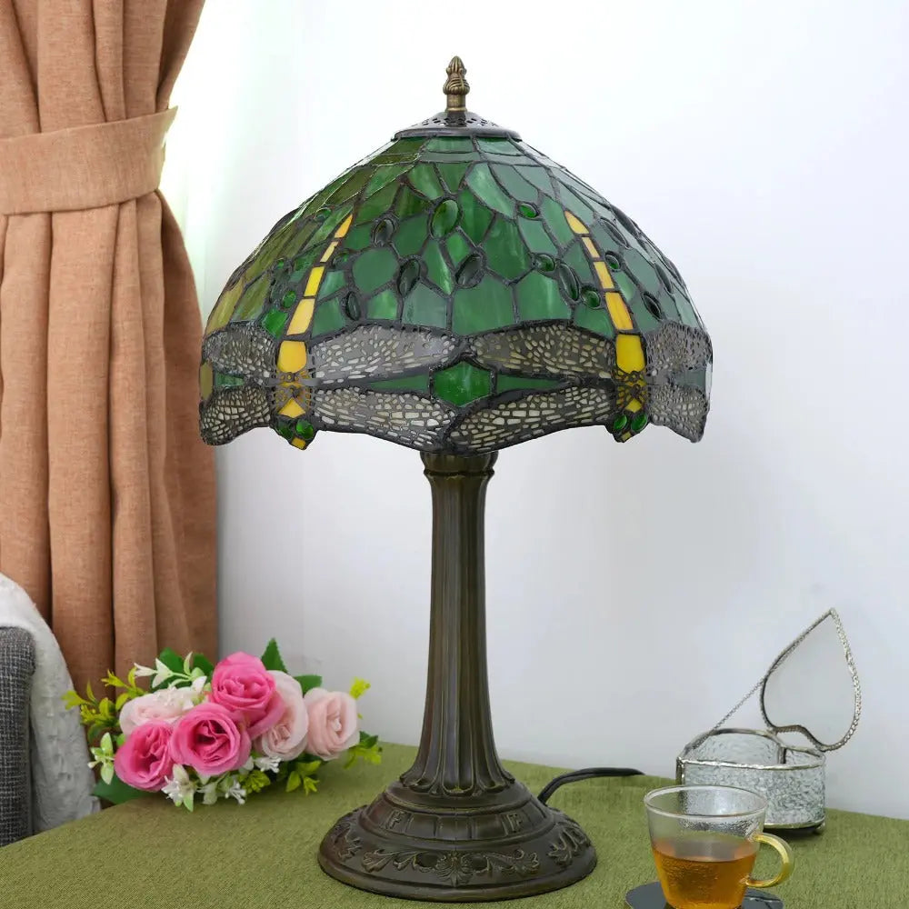 12inch Tiffany Stained Glass Green Dragonfly Lampshade Vintage Desk Lamp - CTL