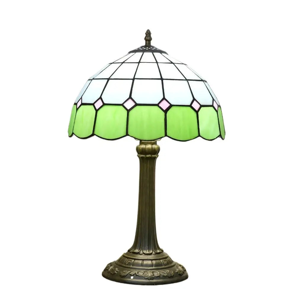 12inch Tiffany Stained Glass Mediterranean Green Plaid Lampshade Vintage Table Lamp - CTL