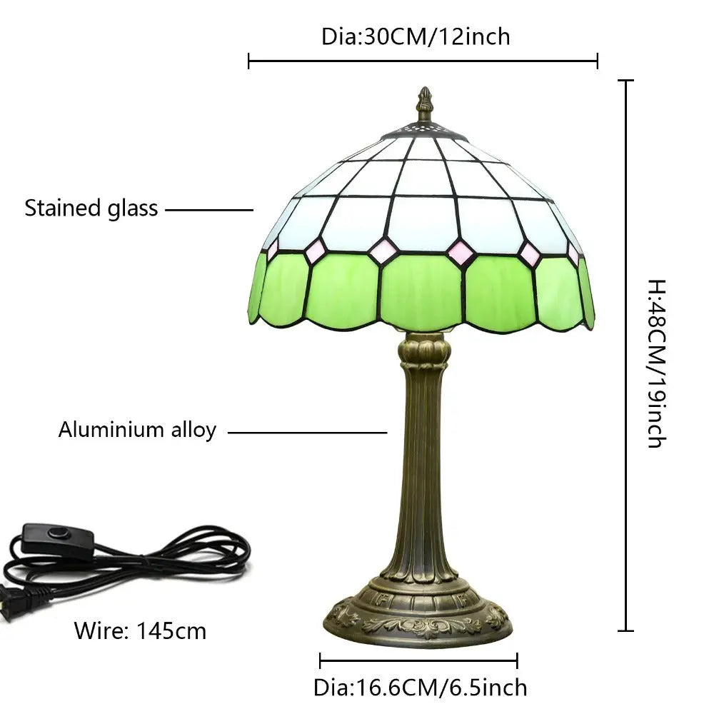 12inch Tiffany Stained Glass Mediterranean Green Plaid Lampshade Vintage Table Lamp - CTL