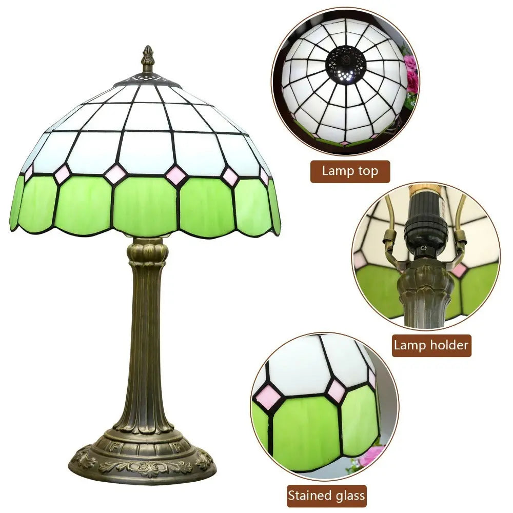12inch Tiffany Stained Glass Mediterranean Green Plaid Lampshade Vintage Table Lamp - CTL