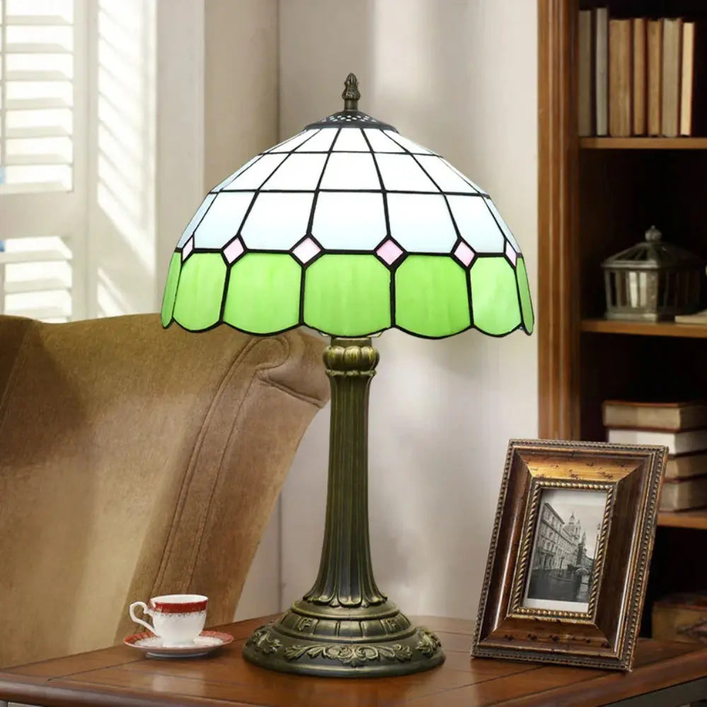 12inch Tiffany Stained Glass Mediterranean Green Plaid Lampshade Vintage Table Lamp - CTL