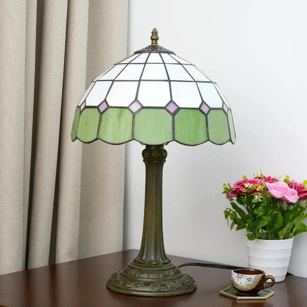 12inch Tiffany Stained Glass Mediterranean Green Plaid Lampshade Vintage Table Lamp - CTL