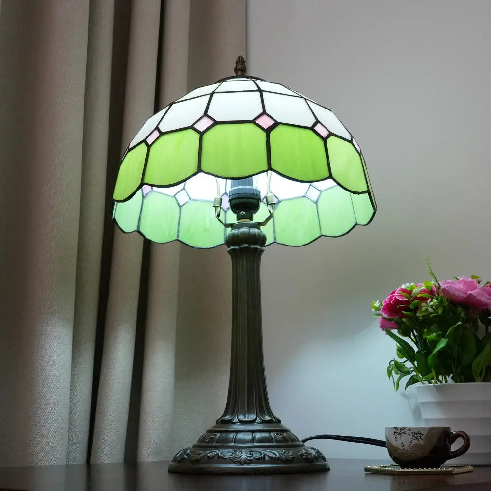 12inch Tiffany Stained Glass Mediterranean Green Plaid Lampshade Vintage Table Lamp - CTL