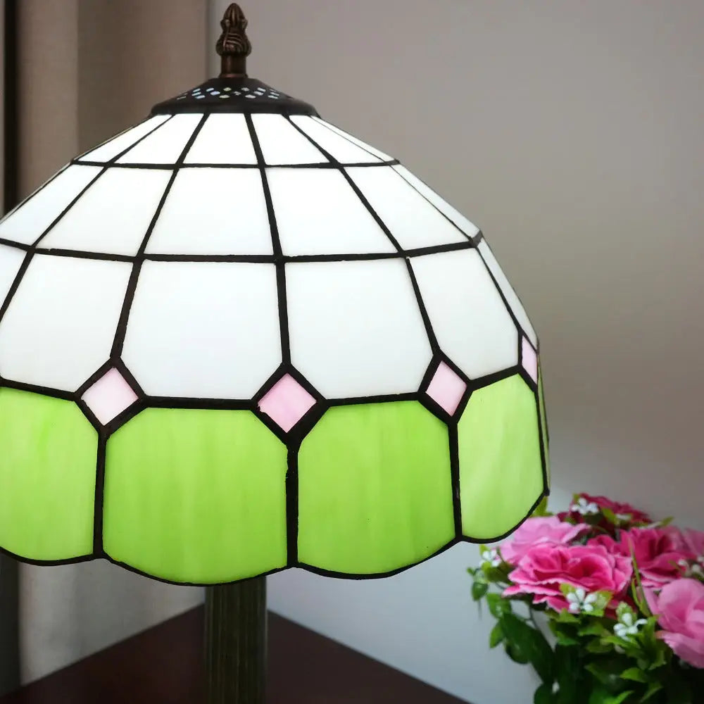12inch Tiffany Stained Glass Mediterranean Green Plaid Lampshade Vintage Table Lamp - CTL