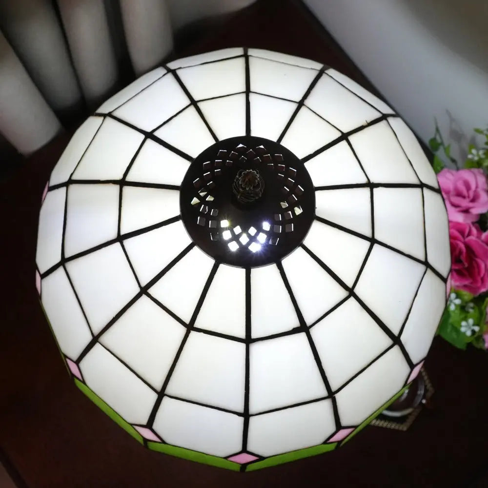 12inch Tiffany Stained Glass Mediterranean Green Plaid Lampshade Vintage Table Lamp - CTL