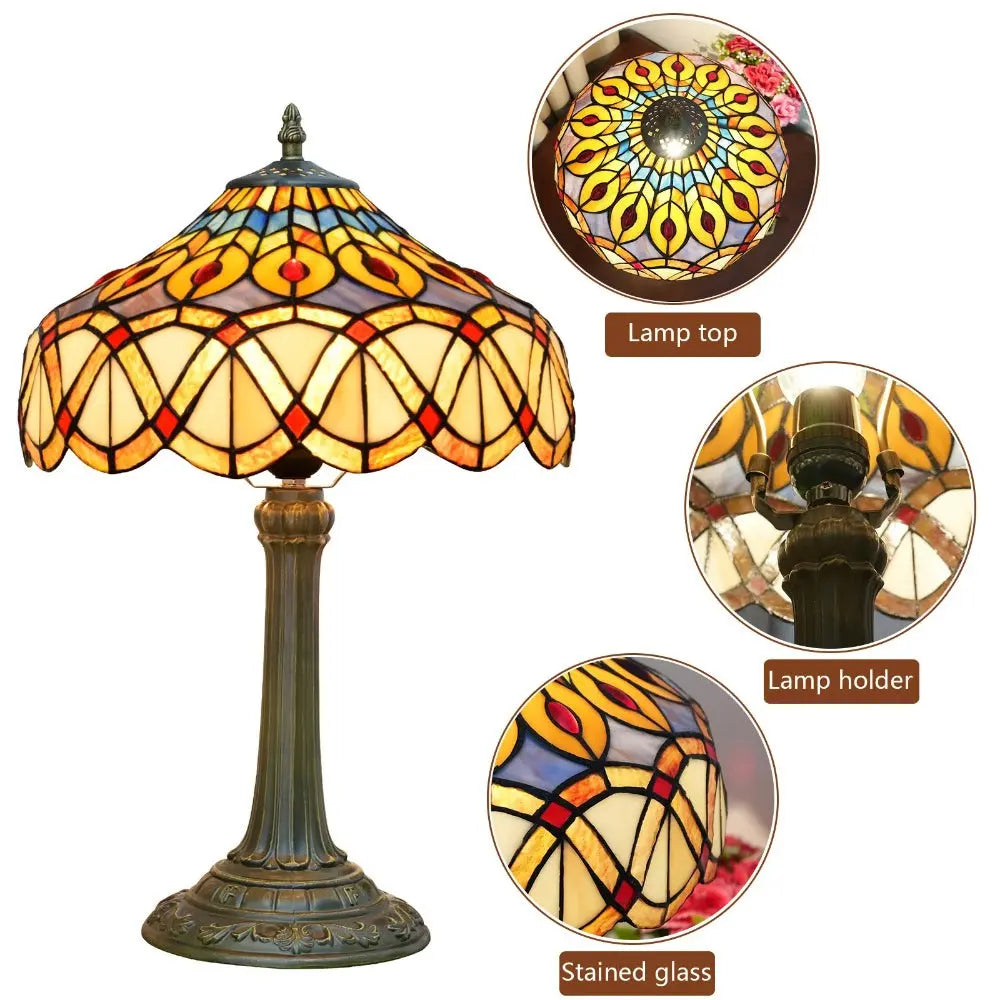 12inch Tiffany Stained Glass Retro Feathers Lampshade Vintage Table Lamp - CTL