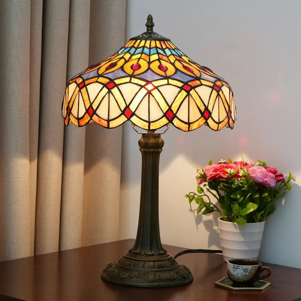 12inch Tiffany Stained Glass Retro Feathers Lampshade Vintage Table Lamp - CTL