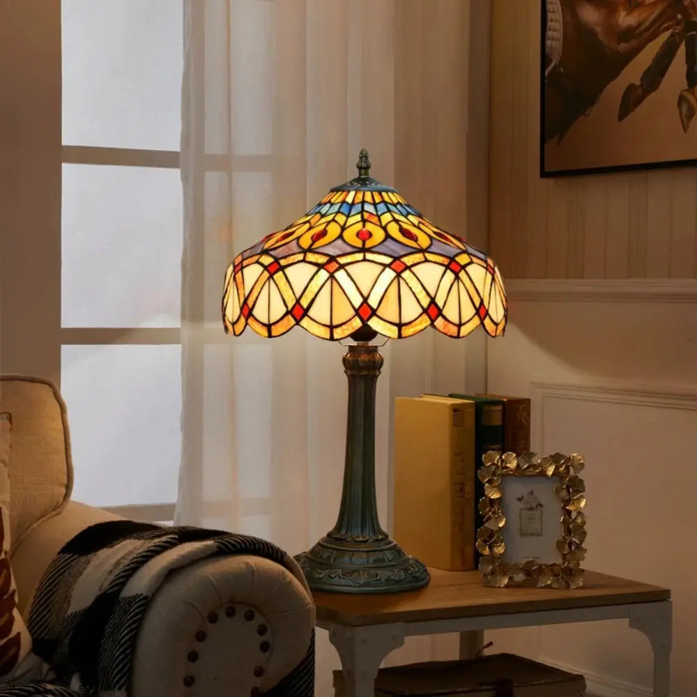 12inch Tiffany Stained Glass Retro Feathers Lampshade Vintage Table Lamp - CTL