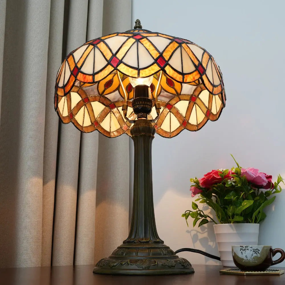 12inch Tiffany Stained Glass Retro Feathers Lampshade Vintage Table Lamp - CTL