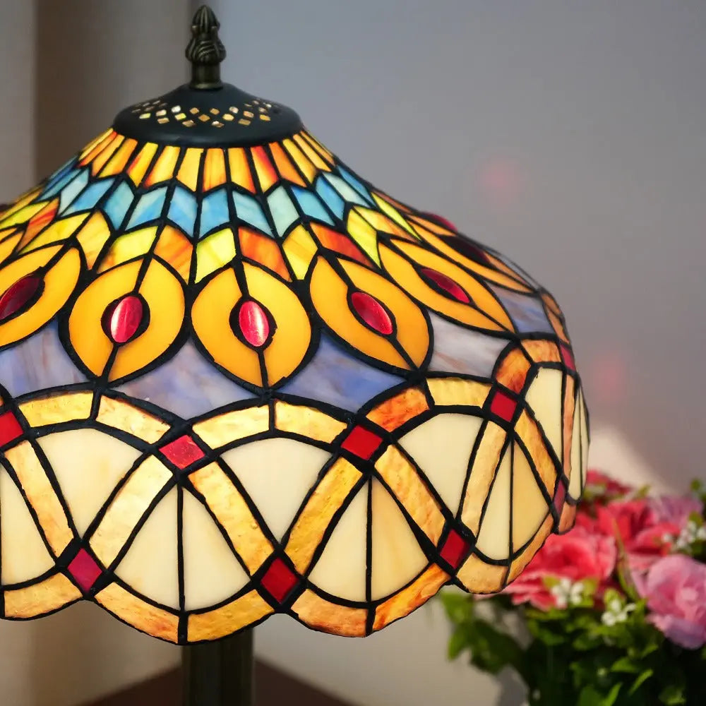 12inch Tiffany Stained Glass Retro Feathers Lampshade Vintage Table Lamp - CTL