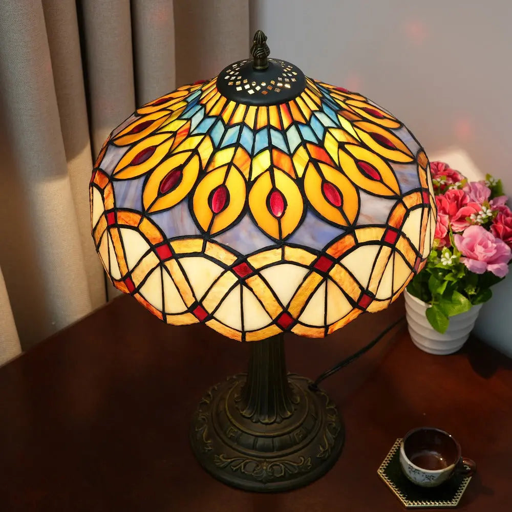 12inch Tiffany Stained Glass Retro Feathers Lampshade Vintage Table Lamp - CTL
