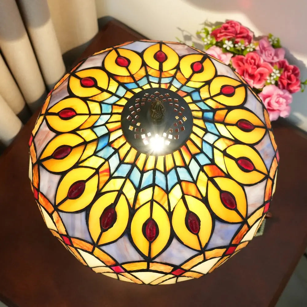 12inch Tiffany Stained Glass Retro Feathers Lampshade Vintage Table Lamp - CTL