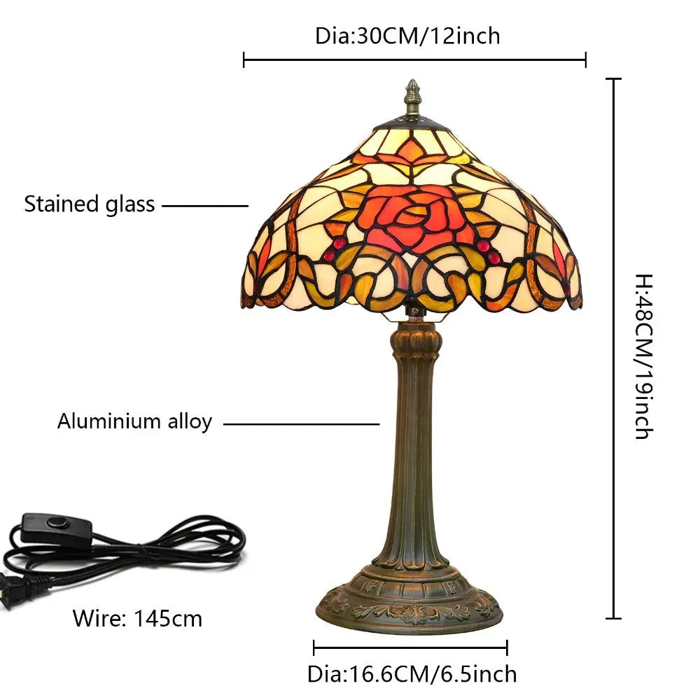 12inch Tiffany Stained Glass Rose Floral Lampshade Vintage Table Lamp - CTL