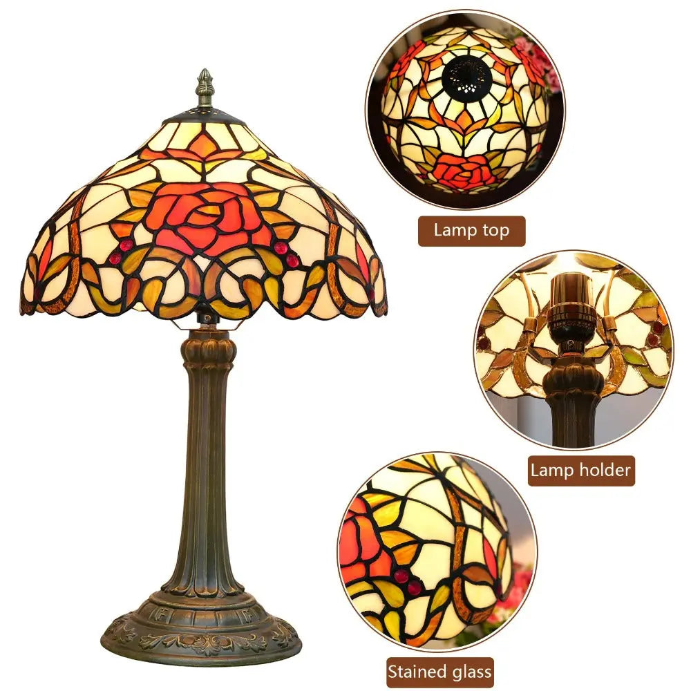 12inch Tiffany Stained Glass Rose Floral Lampshade Vintage Table Lamp - CTL