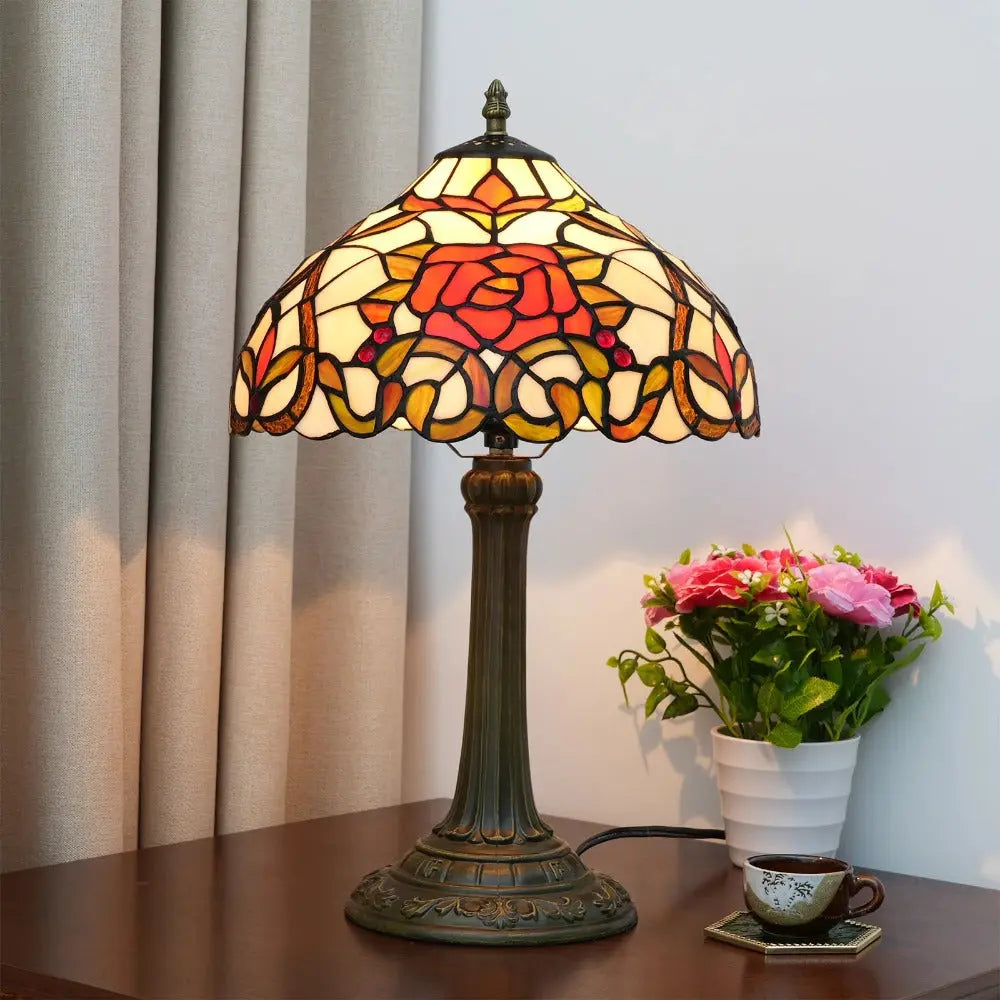 12inch Tiffany Stained Glass Rose Floral Lampshade Vintage Table Lamp - CTL