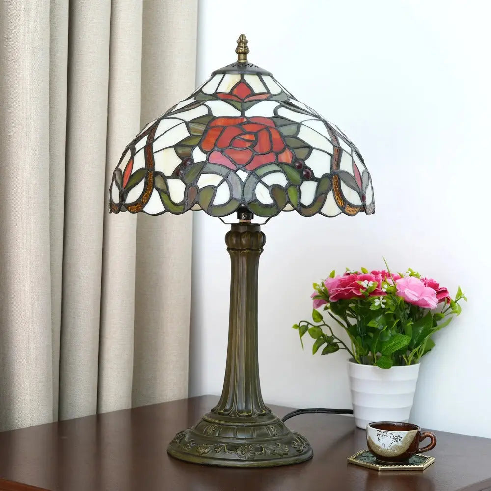 12inch Tiffany Stained Glass Rose Floral Lampshade Vintage Table Lamp - CTL