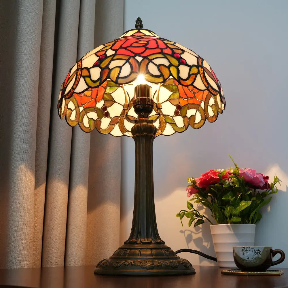 12inch Tiffany Stained Glass Rose Floral Lampshade Vintage Table Lamp - CTL