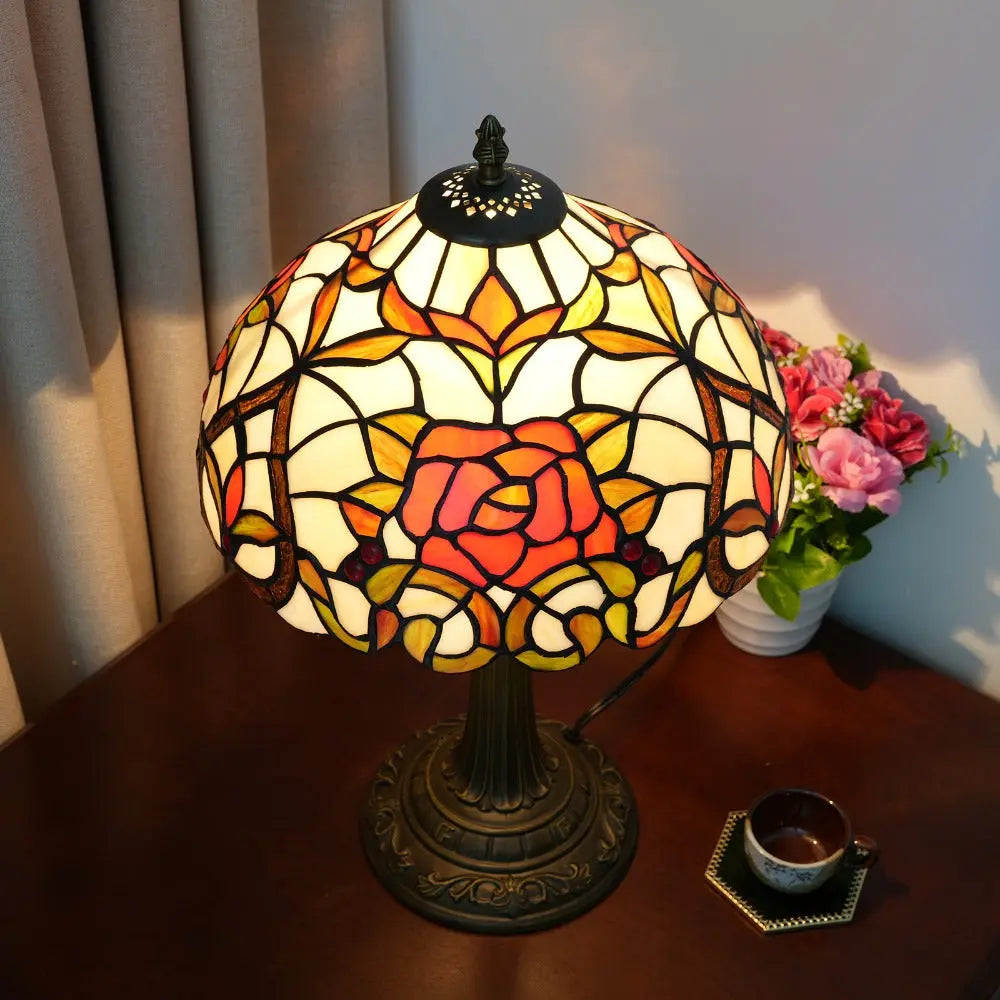 12inch Tiffany Stained Glass Rose Floral Lampshade Vintage Table Lamp - CTL