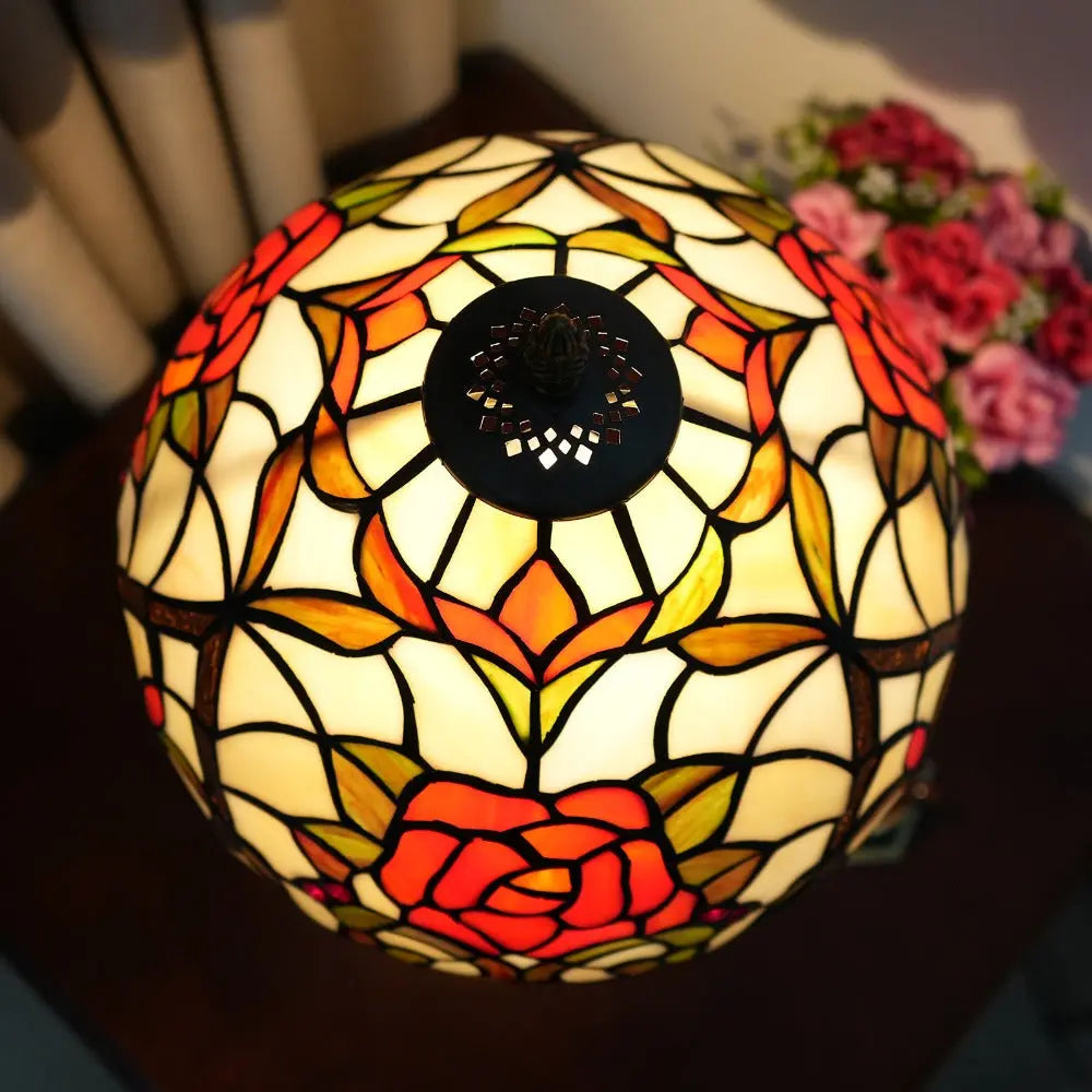 12inch Tiffany Stained Glass Rose Floral Lampshade Vintage Table Lamp - CTL