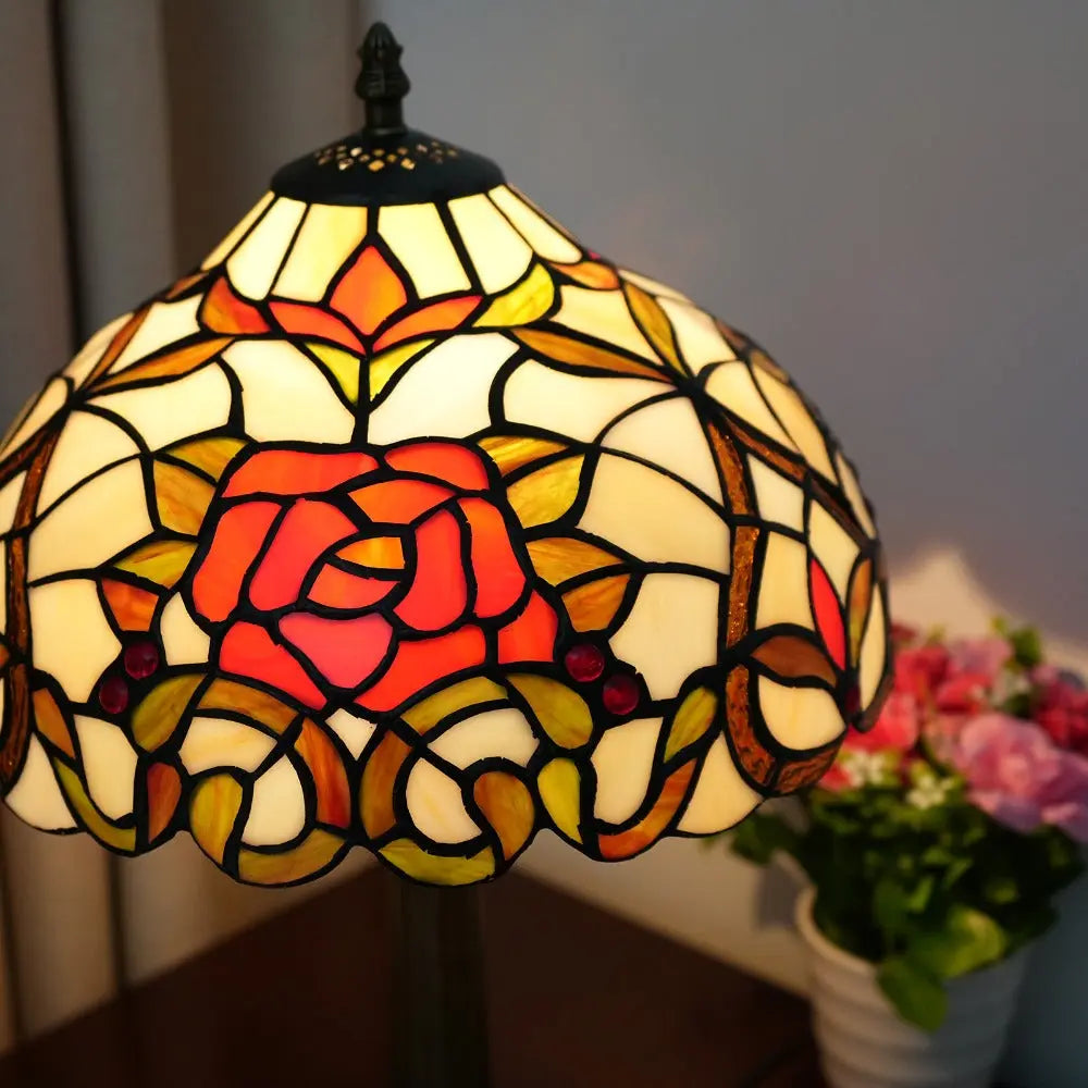 12inch Tiffany Stained Glass Rose Floral Lampshade Vintage Table Lamp - CTL