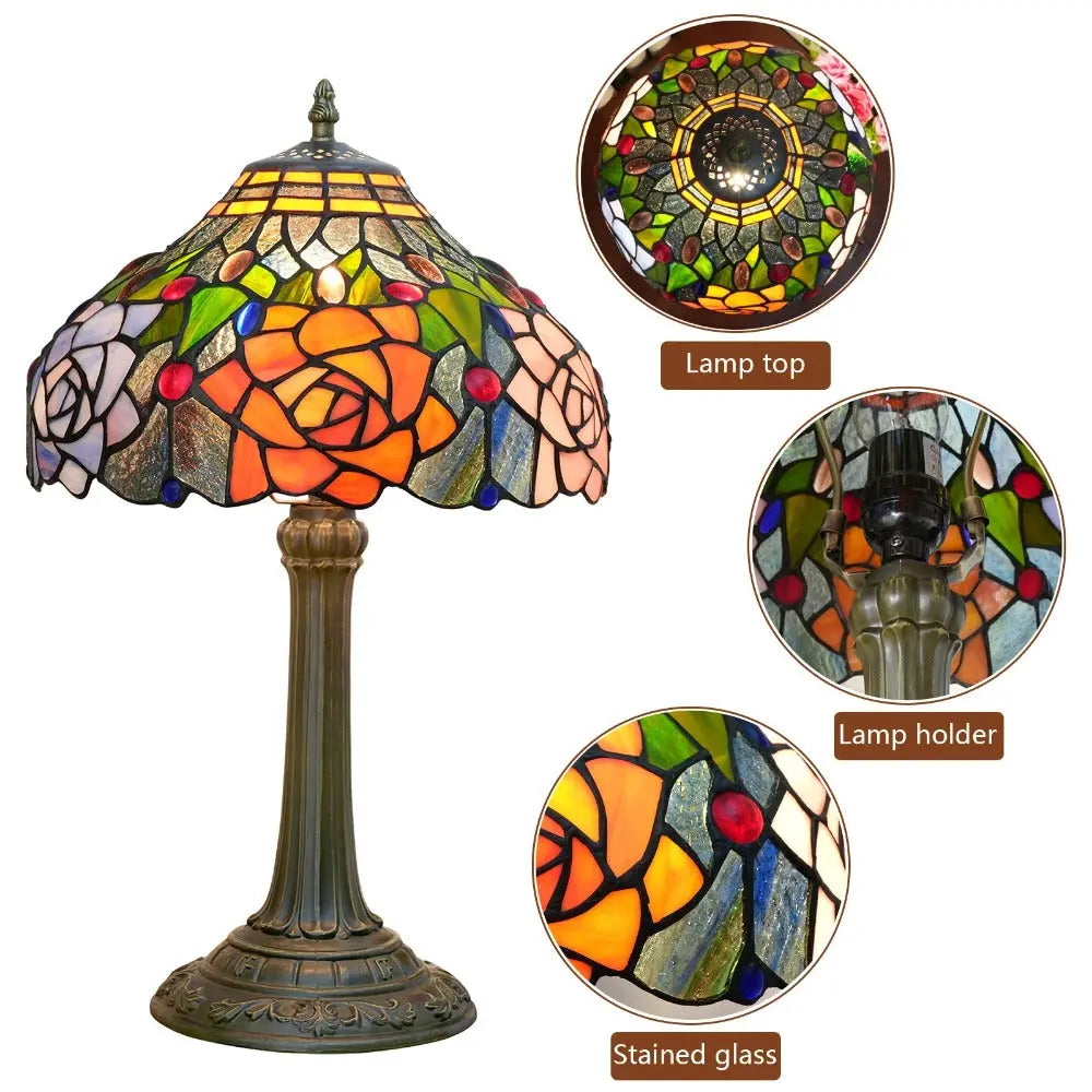 12inch Tiffany Stained Glass Rose Lampshade Antique Vintage Desk Lamp - CTL