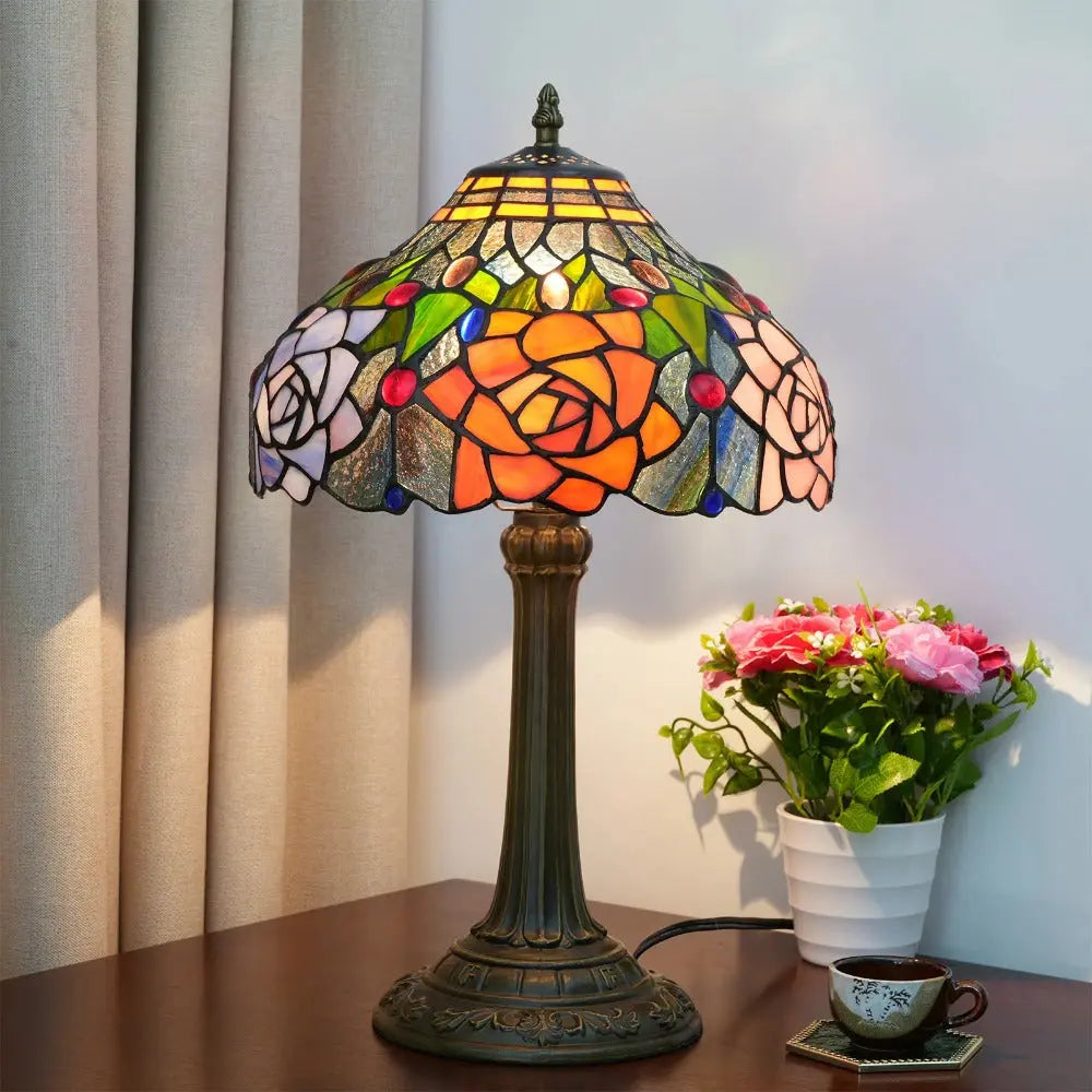 12inch Tiffany Stained Glass Rose Lampshade Antique Vintage Desk Lamp - CTL