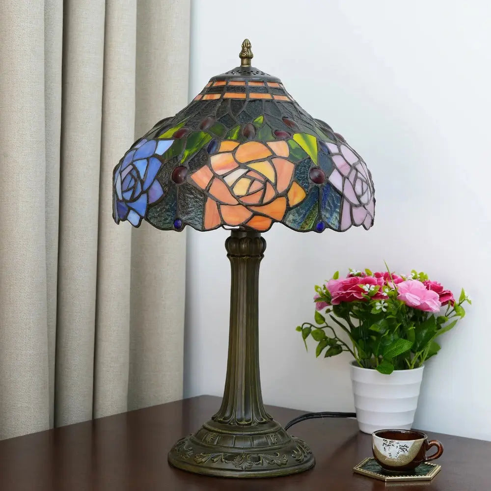 12inch Tiffany Stained Glass Rose Lampshade Antique Vintage Desk Lamp - CTL