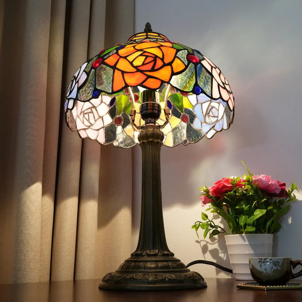 12inch Tiffany Stained Glass Rose Lampshade Antique Vintage Desk Lamp - CTL