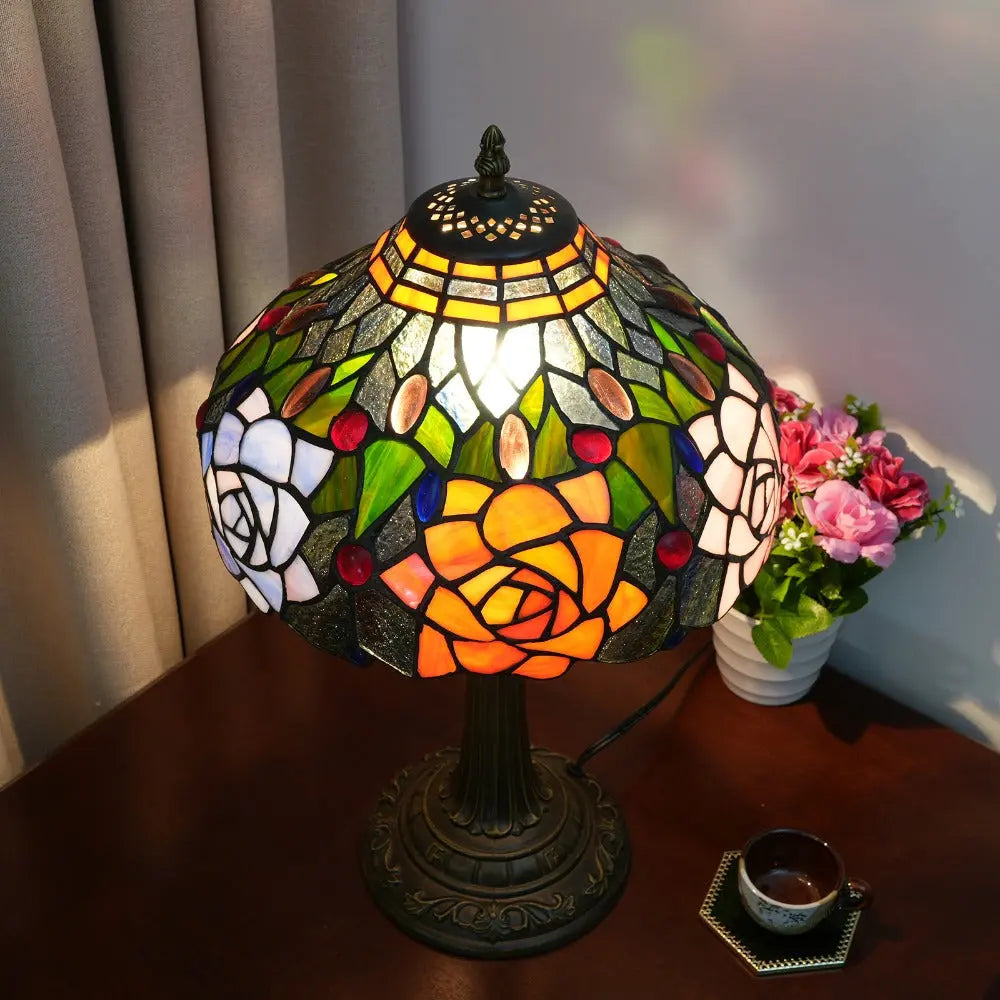 12inch Tiffany Stained Glass Rose Lampshade Antique Vintage Desk Lamp - CTL