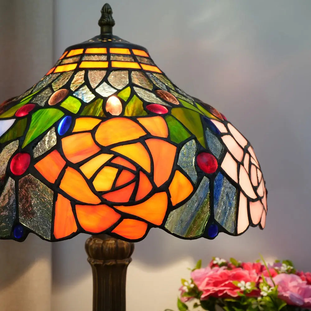 12inch Tiffany Stained Glass Rose Lampshade Antique Vintage Desk Lamp - CTL