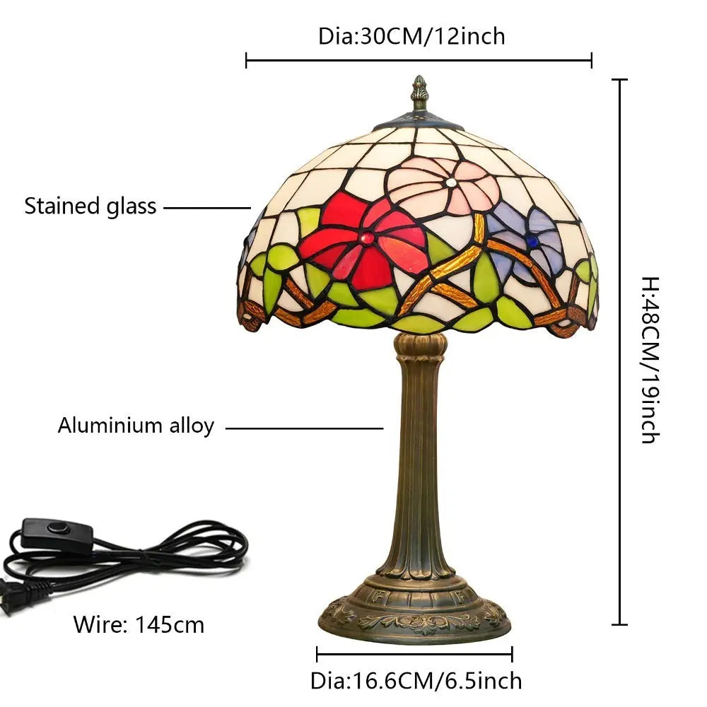 12inch Tiffany Stained Glass Tricolor Flowers Floral Lampshade Vintage Desk Lamp - CTL
