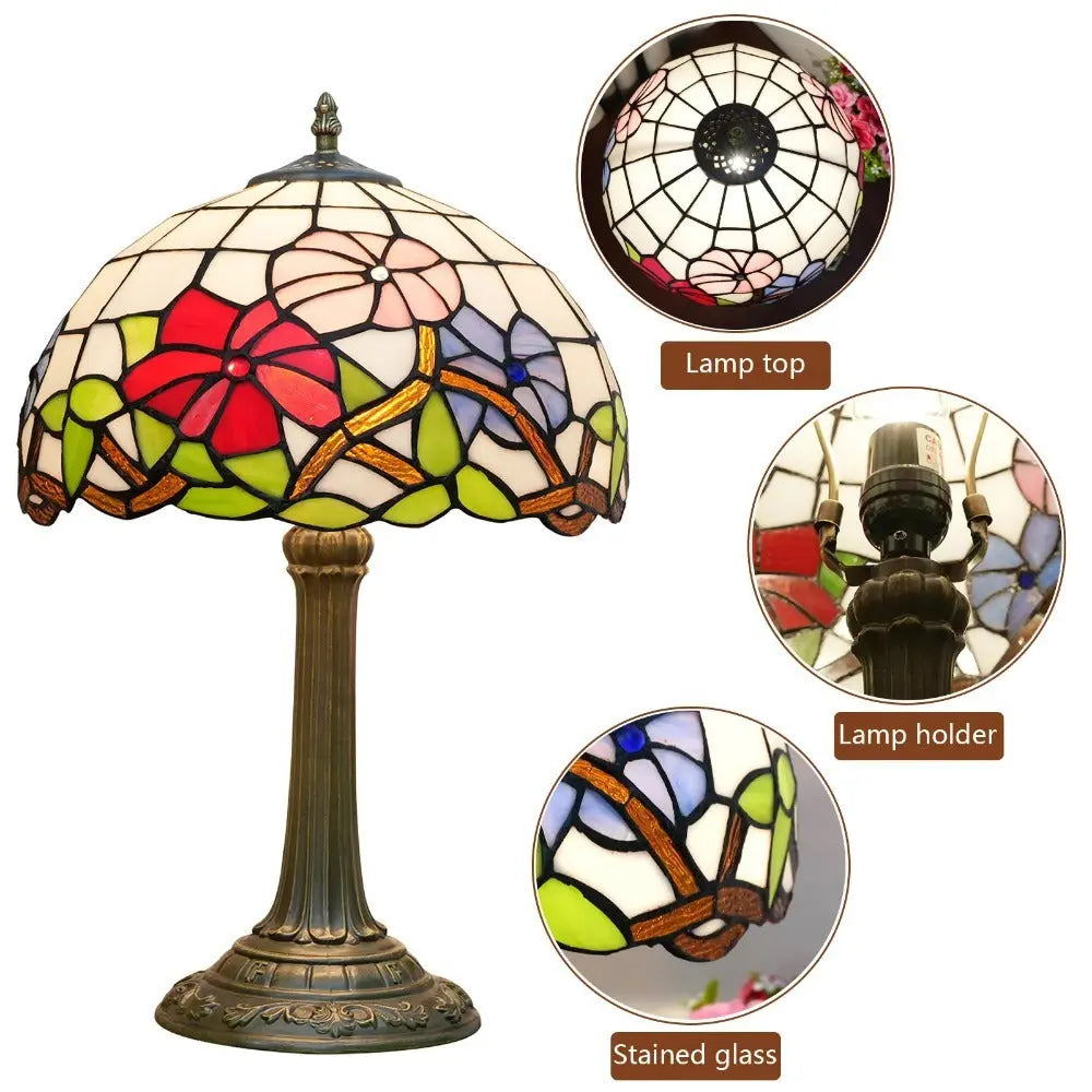 12inch Tiffany Stained Glass Tricolor Flowers Floral Lampshade Vintage Desk Lamp - CTL
