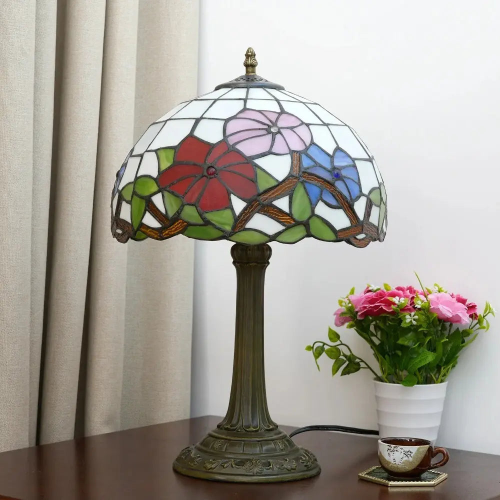 12inch Tiffany Stained Glass Tricolor Flowers Floral Lampshade Vintage Desk Lamp - CTL