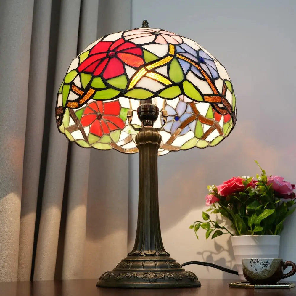 12inch Tiffany Stained Glass Tricolor Flowers Floral Lampshade Vintage Desk Lamp - CTL