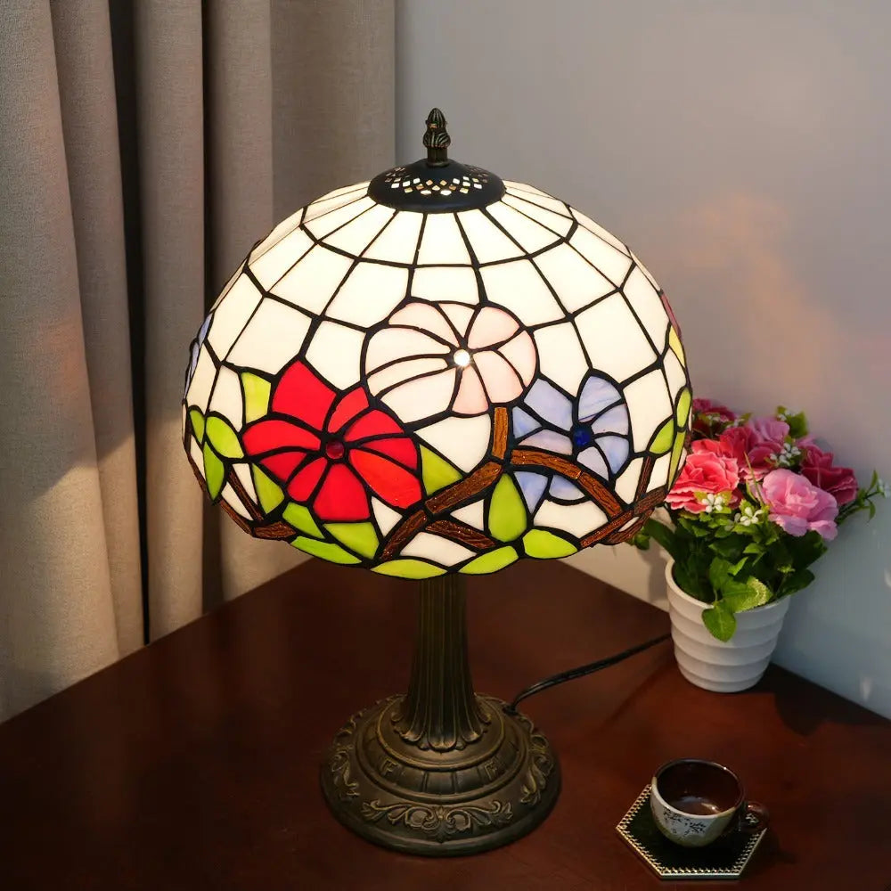 12inch Tiffany Stained Glass Tricolor Flowers Floral Lampshade Vintage Desk Lamp - CTL