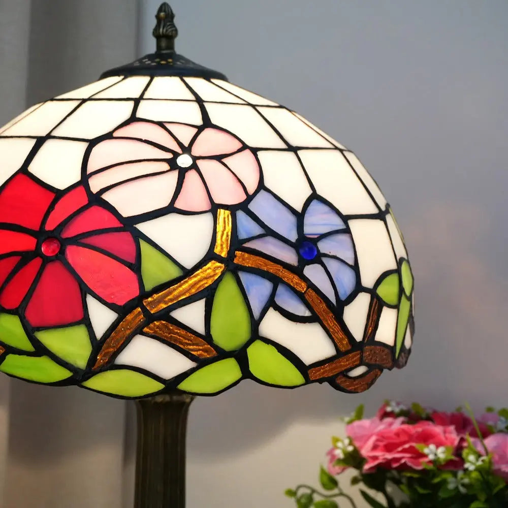 12inch Tiffany Stained Glass Tricolor Flowers Floral Lampshade Vintage Desk Lamp - CTL