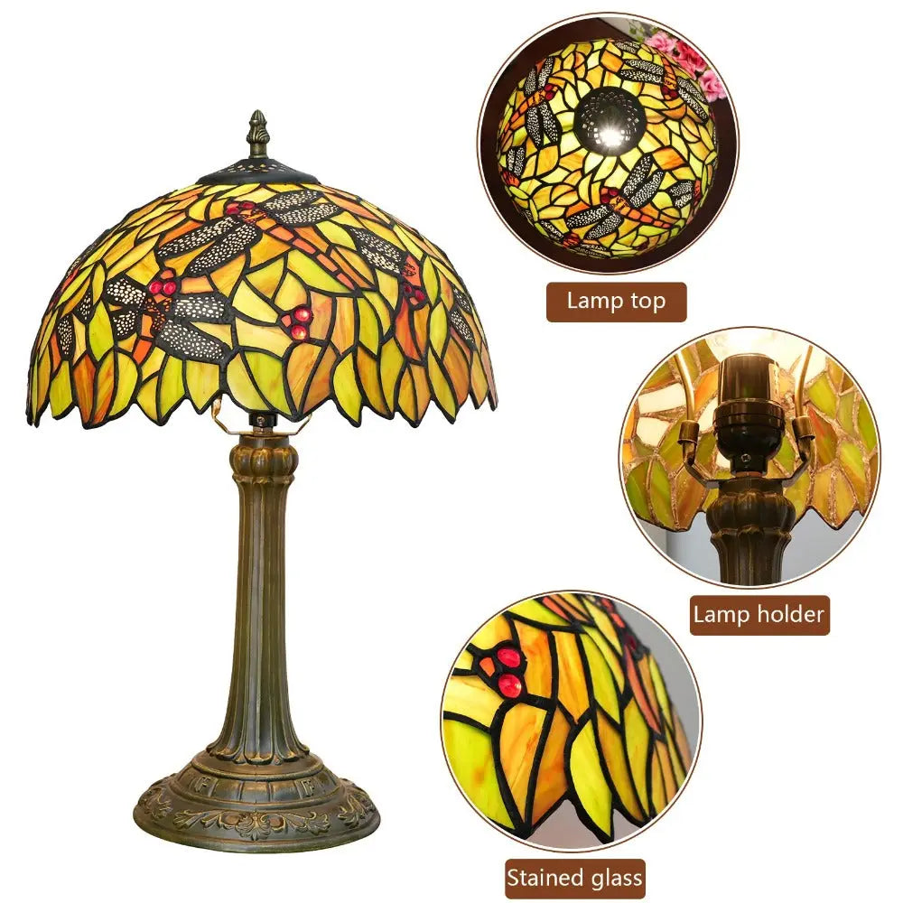 12inch Tiffany Antique Dragonfly Stained Glass Lamp Yellow Lampshade Vintage Desk Light - CTL