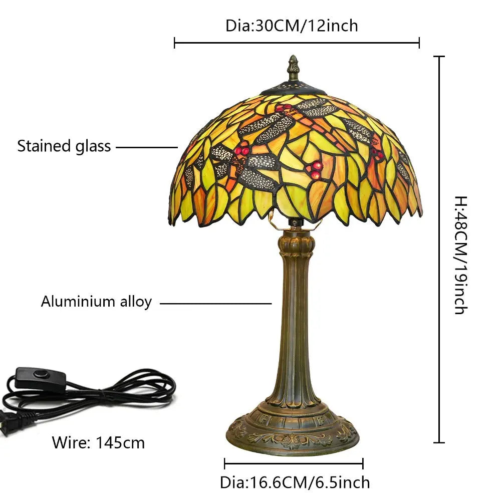 12inch Tiffany Antique Dragonfly Stained Glass Lamp Yellow Lampshade Vintage Desk Light - CTL