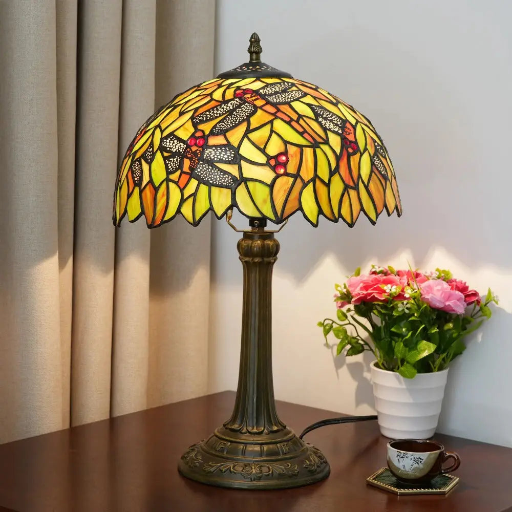 12inch Tiffany Antique Dragonfly Stained Glass Lamp Yellow Lampshade Vintage Desk Light - CTL