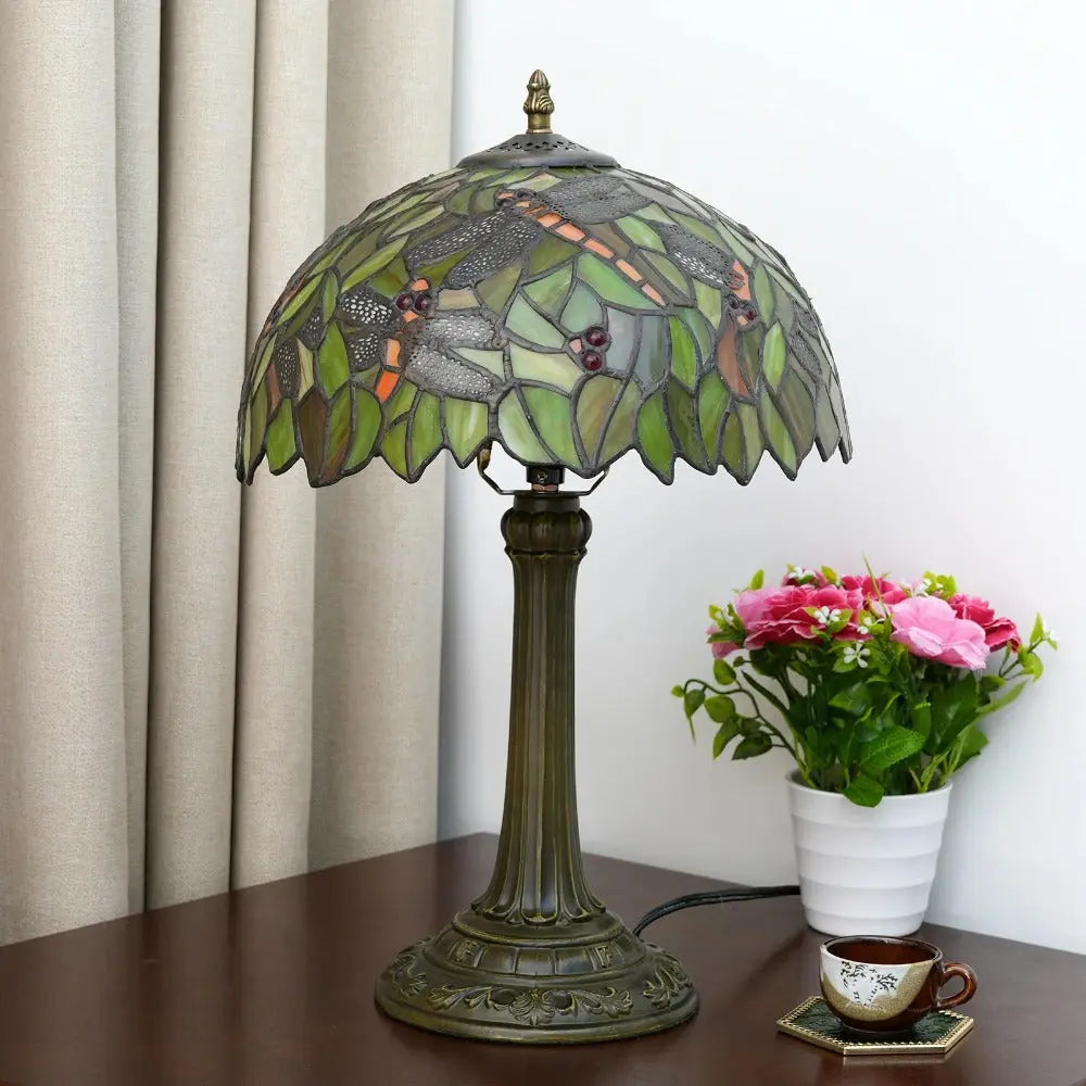 12inch Tiffany Antique Dragonfly Stained Glass Lamp Yellow Lampshade Vintage Desk Light - CTL